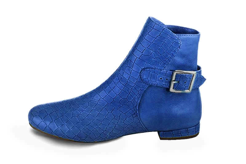Sophisticated leather ankle boots detailed with an elegant back buckle and heel-strap finish for a distinct couture look, in electric blue leather with round toe and low block heel - Florence KOOIJMAN